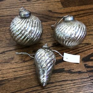 New, Set of the 3, Pottery Barn, Silver Mercury Glass Christmas Ornaments